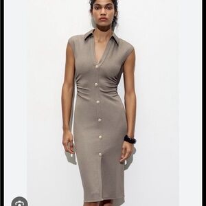 Zara Taupe Button-Front Midi Dress